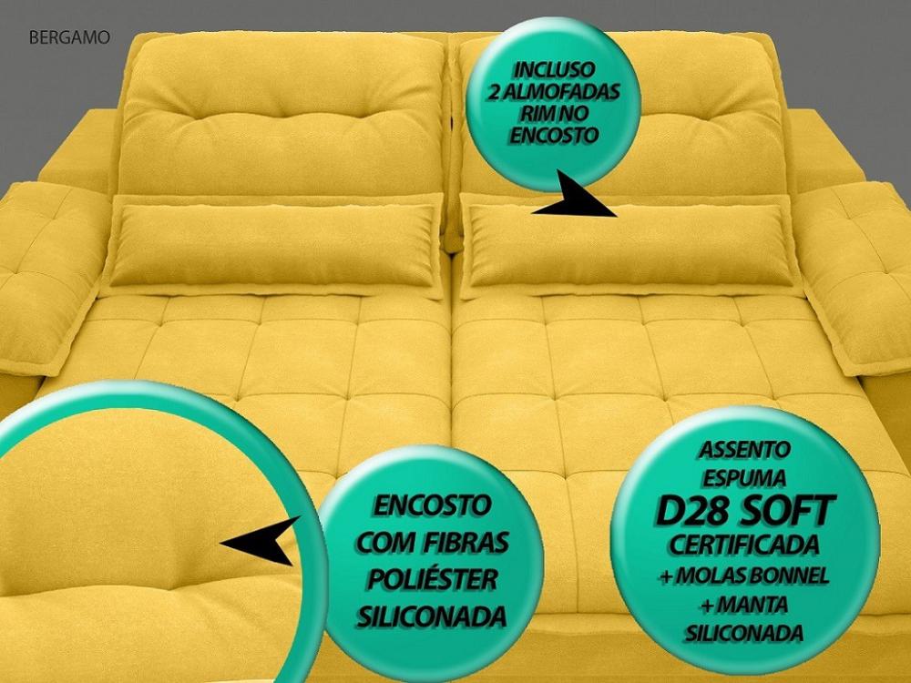 Sofá Bergamo 2,50m Assento Retrátil e Reclinável Velosuede Canário - NETSOFAS
