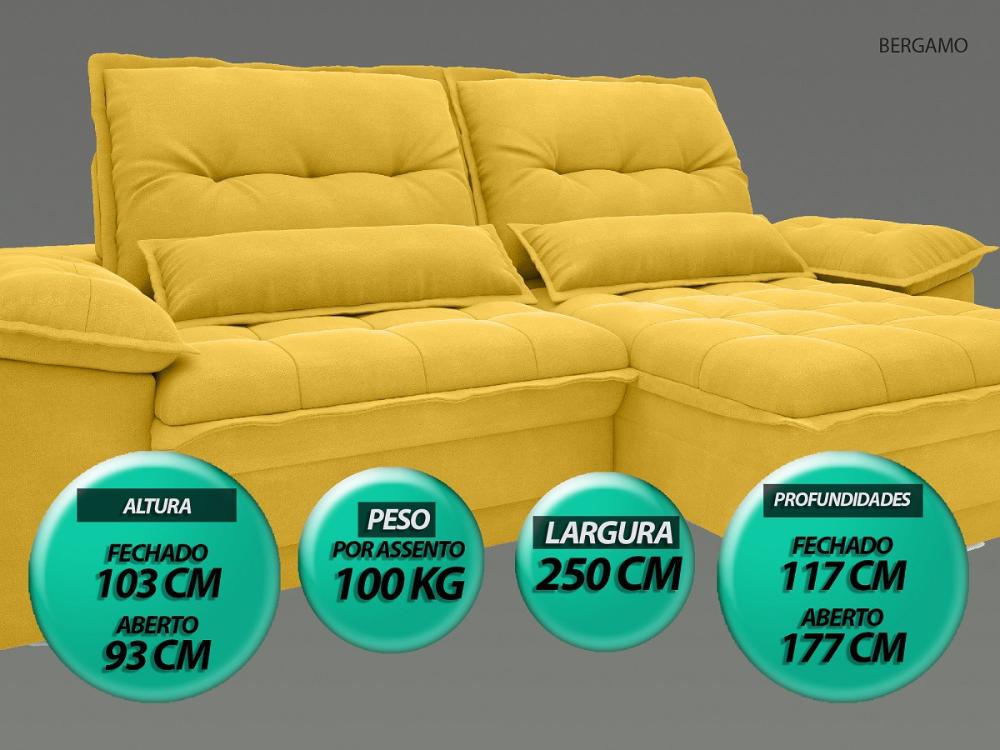 Sofá Bergamo 2,50m Assento Retrátil e Reclinável Velosuede Canário - NETSOFAS