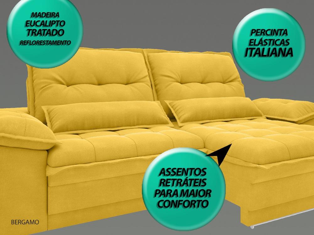 Sofá Bergamo 2,50m Assento Retrátil e Reclinável Velosuede Canário - NETSOFAS
