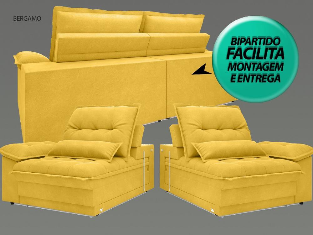 Sofá Bergamo 2,50m Assento Retrátil e Reclinável Velosuede Canário - NETSOFAS