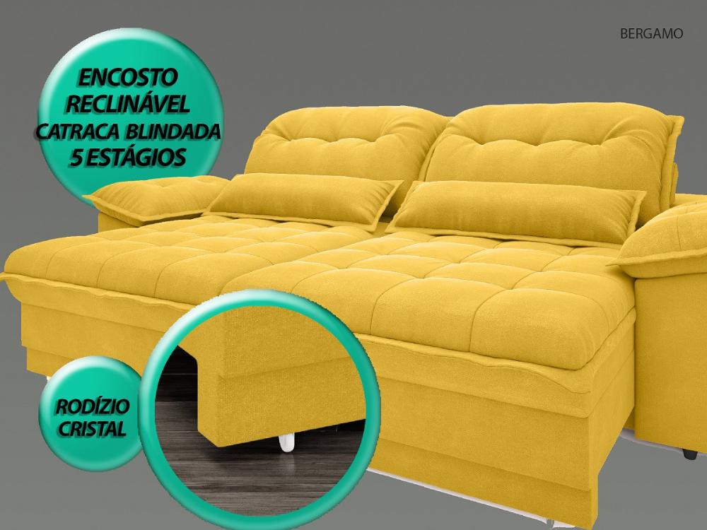 Sofá Bergamo 2,50m Assento Retrátil e Reclinável Velosuede Canário - NETSOFAS