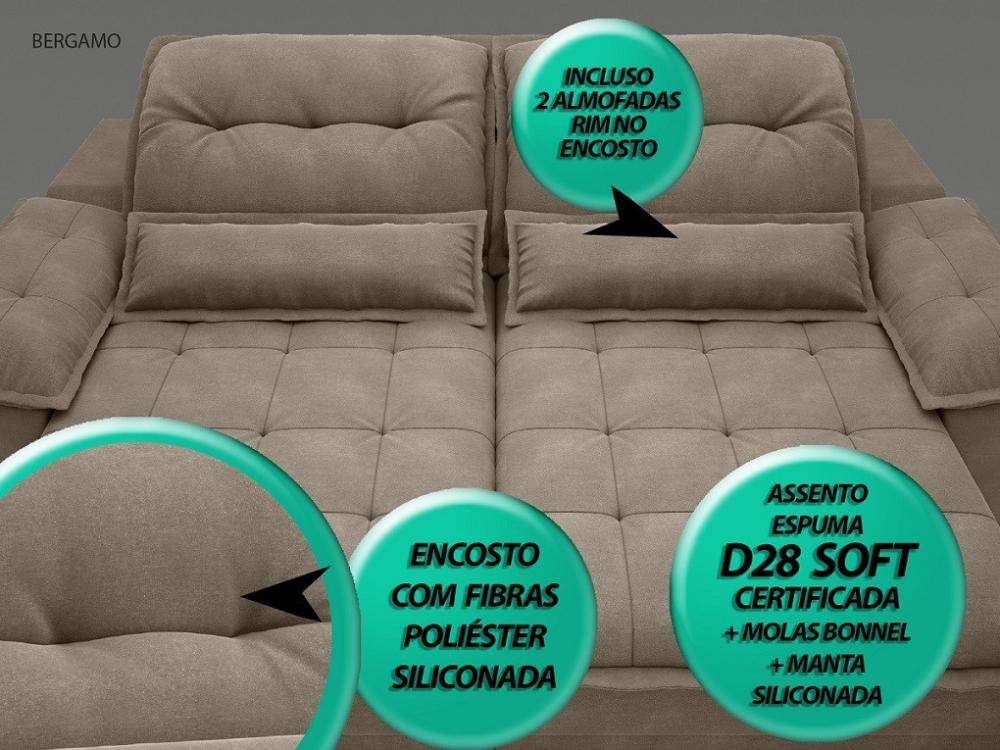 Sofá Bergamo 2,50m Assento Retrátil e Reclinável Velosuede Capuccino - NETSOFAS