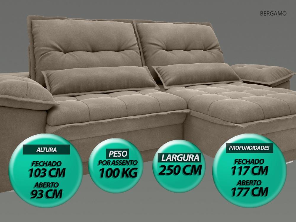 Sofá Bergamo 2,50m Assento Retrátil e Reclinável Velosuede Capuccino - NETSOFAS