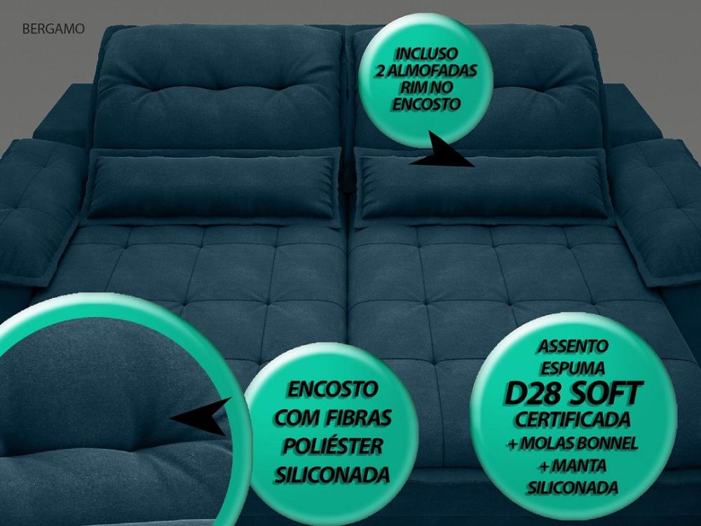 Sofá Bergamo 2,50m Assento Retrátil e Reclinável Velosuede Royal - NETSOFAS