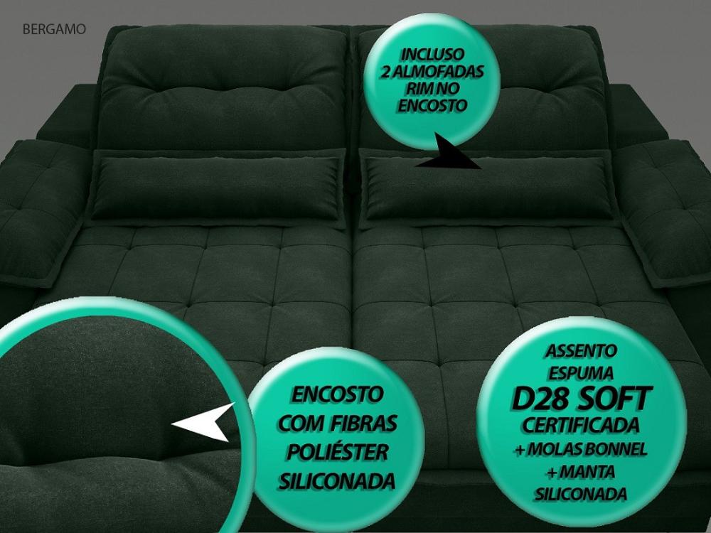 Sofá Bergamo 2,50m Assento Retrátil e Reclinável Velosuede Verde - NETSOFAS