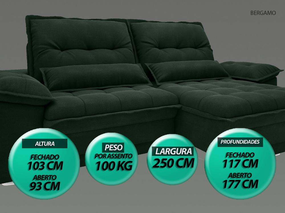 Sofá Bergamo 2,50m Assento Retrátil e Reclinável Velosuede Verde - NETSOFAS