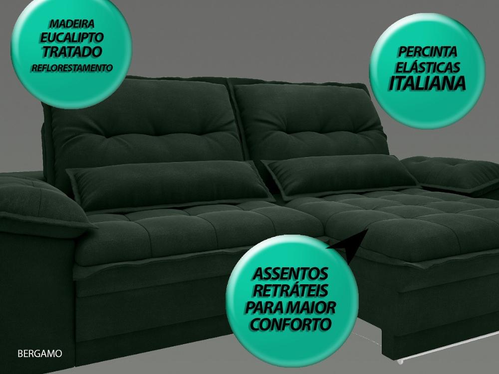 Sofá Bergamo 2,50m Assento Retrátil e Reclinável Velosuede Verde - NETSOFAS