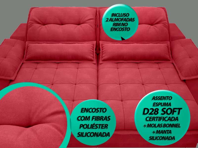 Sofá Bergamo 2,50m Assento Retrátil e Reclinável Velosuede Vermelho - NETSOFAS