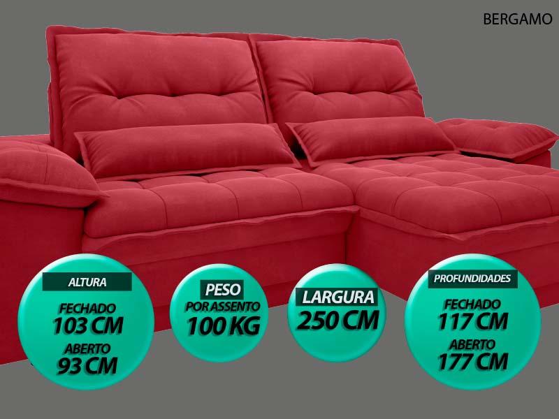 Sofá Bergamo 2,50m Assento Retrátil e Reclinável Velosuede Vermelho - NETSOFAS