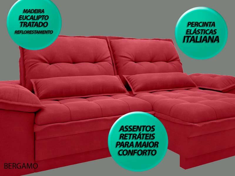 Sofá Bergamo 2,50m Assento Retrátil e Reclinável Velosuede Vermelho - NETSOFAS