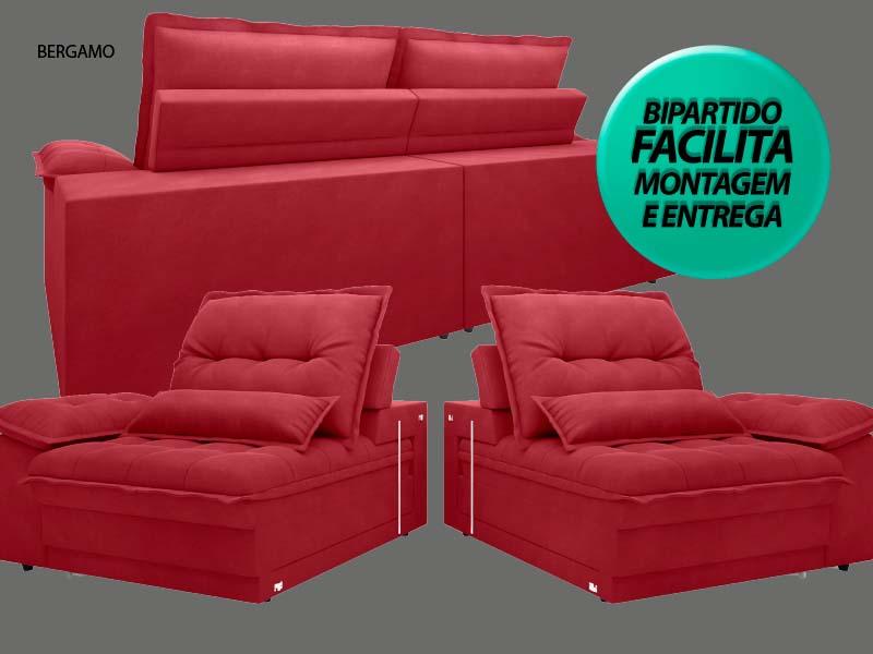 Sofá Bergamo 2,50m Assento Retrátil e Reclinável Velosuede Vermelho - NETSOFAS