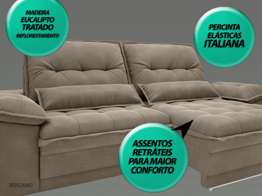Sofá Bergamo 2,90m Assento Retrátil e Reclinável Velosuede Capuccino - NETSOFAS
