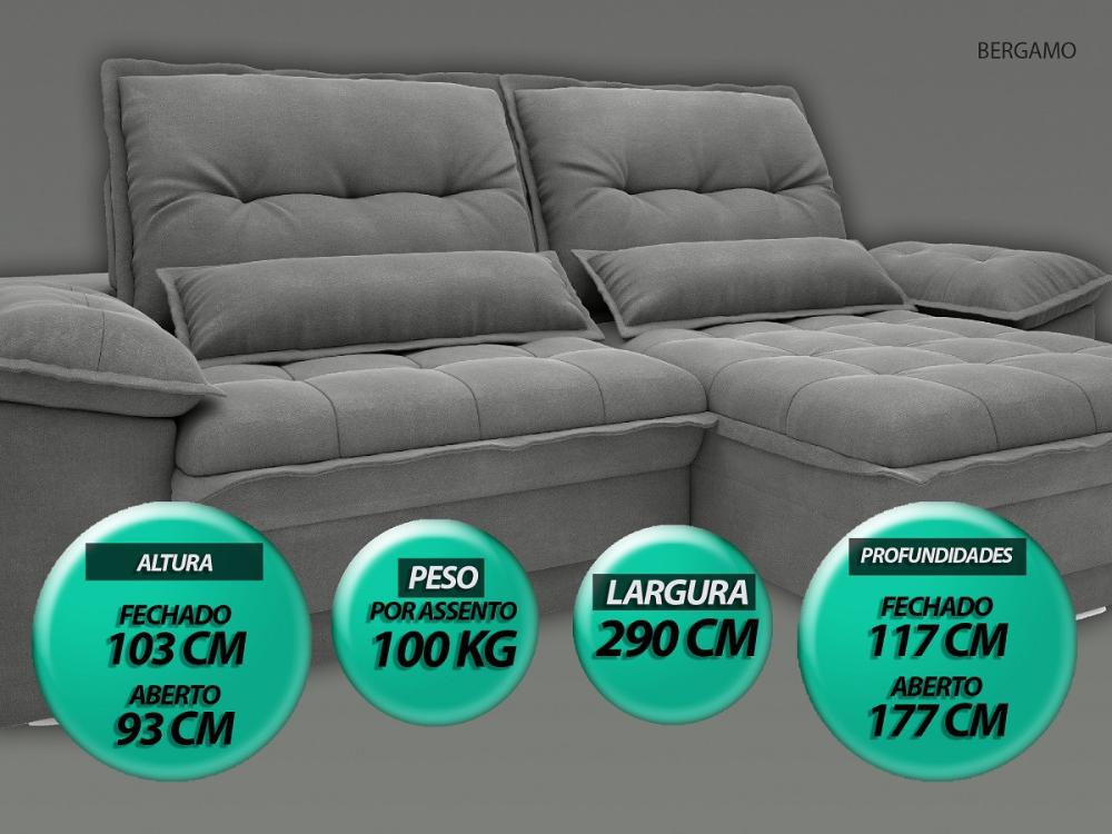 Sofá Bergamo 2,90m Assento Retrátil e Reclinável Velosuede Grafite - NETSOFAS