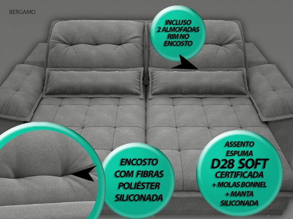 Sofá Bergamo 2,90m Assento Retrátil e Reclinável Velosuede Grafite - NETSOFAS