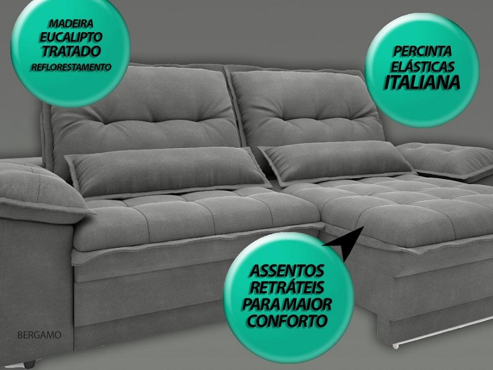 Sofá Bergamo 2,90m Assento Retrátil e Reclinável Velosuede Grafite - NETSOFAS
