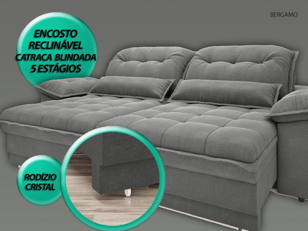 Sofá Bergamo 2,90m Assento Retrátil e Reclinável Velosuede Grafite - NETSOFAS