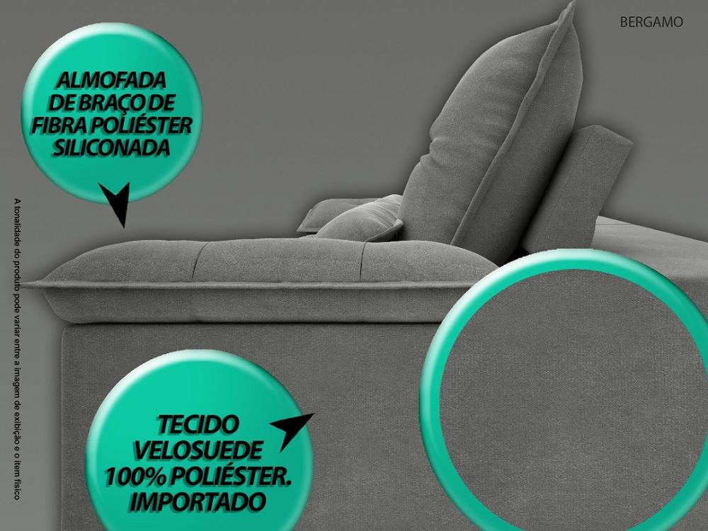Sofá Bergamo 2,90m Assento Retrátil e Reclinável Velosuede Grafite - NETSOFAS