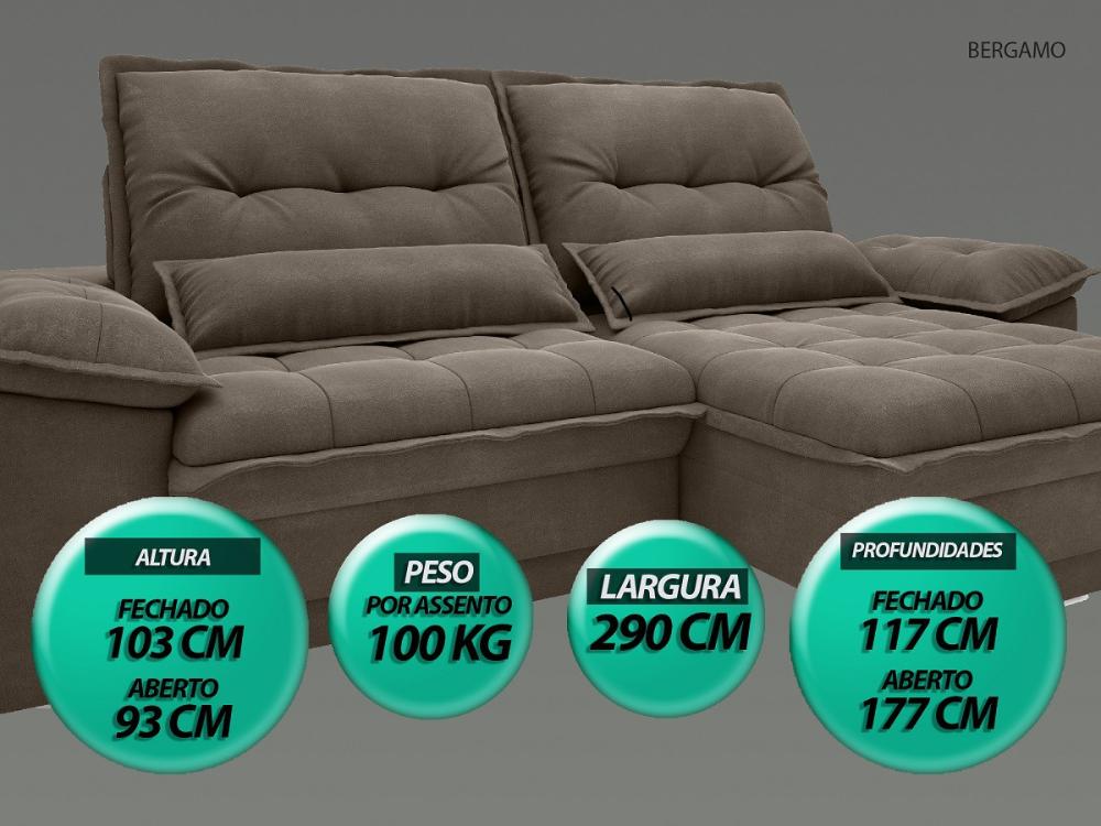 Sofá Bergamo 2,90m Assento Retrátil e Reclinável Velosuede Marrom - NETSOFAS