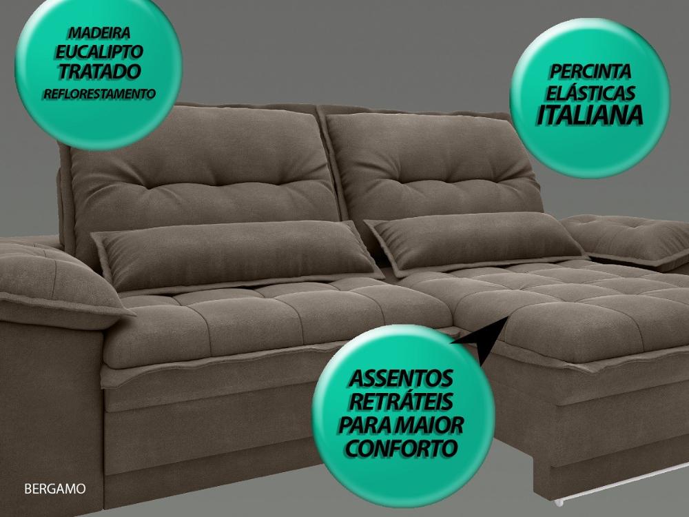 Sofá Bergamo 2,90m Assento Retrátil e Reclinável Velosuede Marrom - NETSOFAS