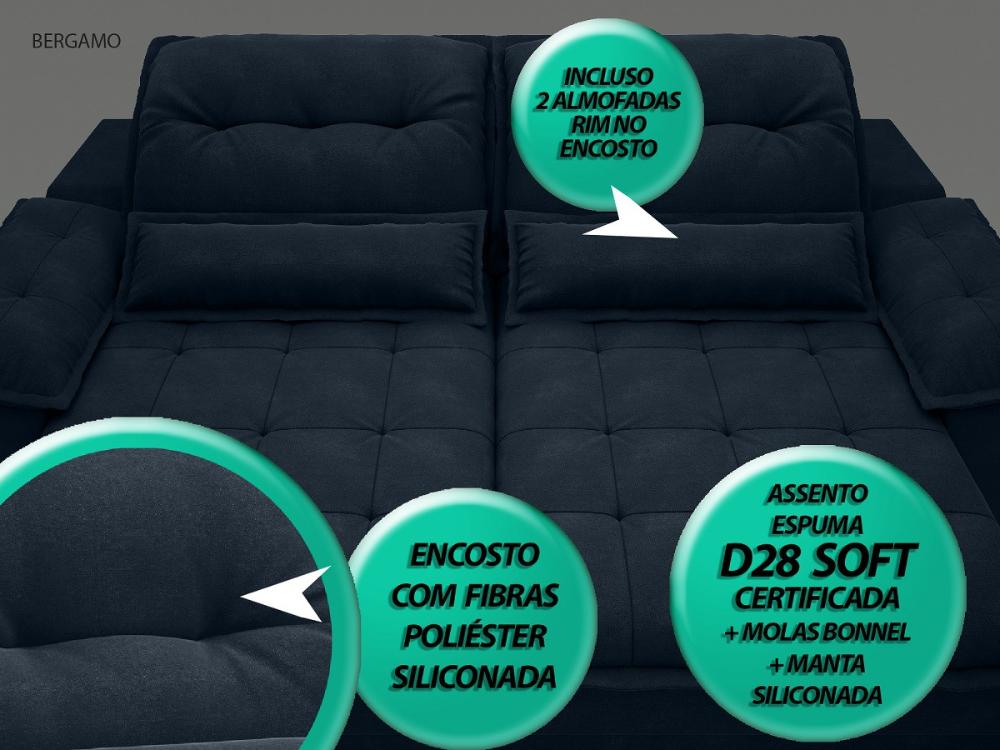 Sofá Bergamo 2,90m Assento Retrátil e Reclinável Velosuede Petróleo - NETSOFAS