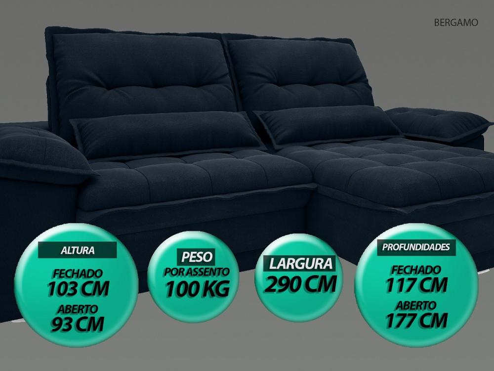 Sofá Bergamo 2,90m Assento Retrátil e Reclinável Velosuede Petróleo - NETSOFAS