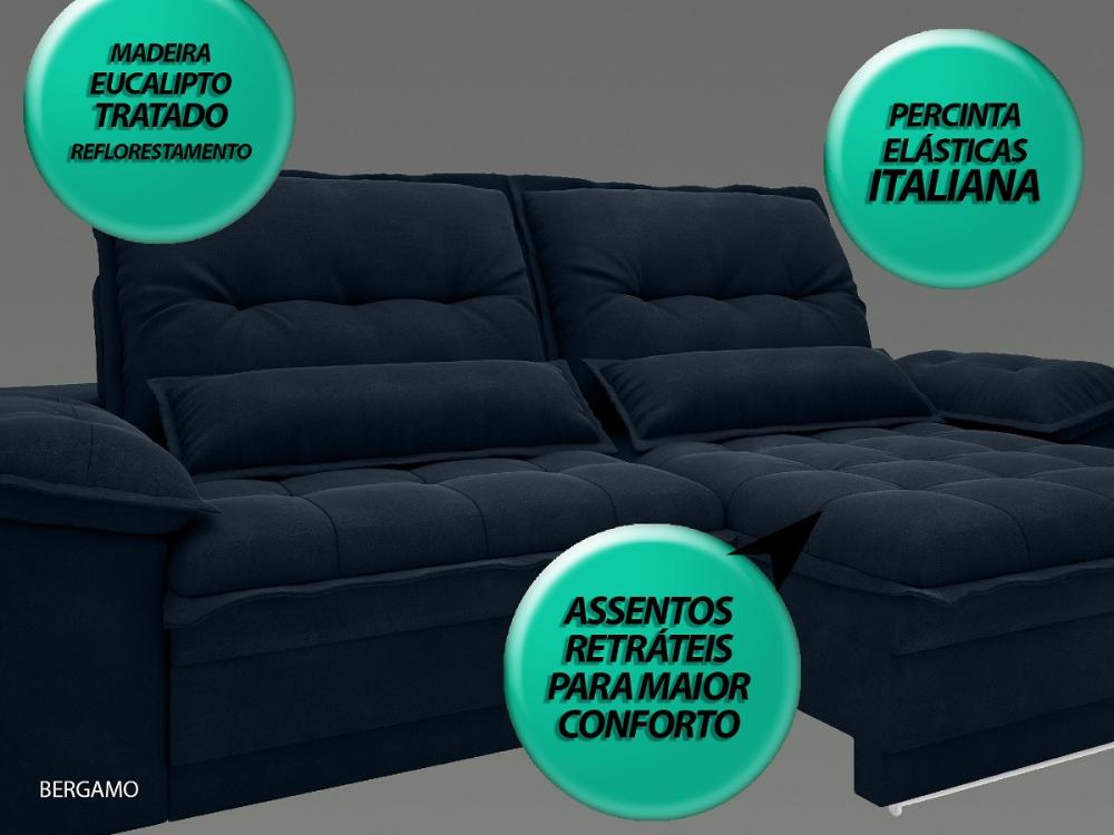 Sofá Bergamo 2,90m Assento Retrátil e Reclinável Velosuede Petróleo - NETSOFAS