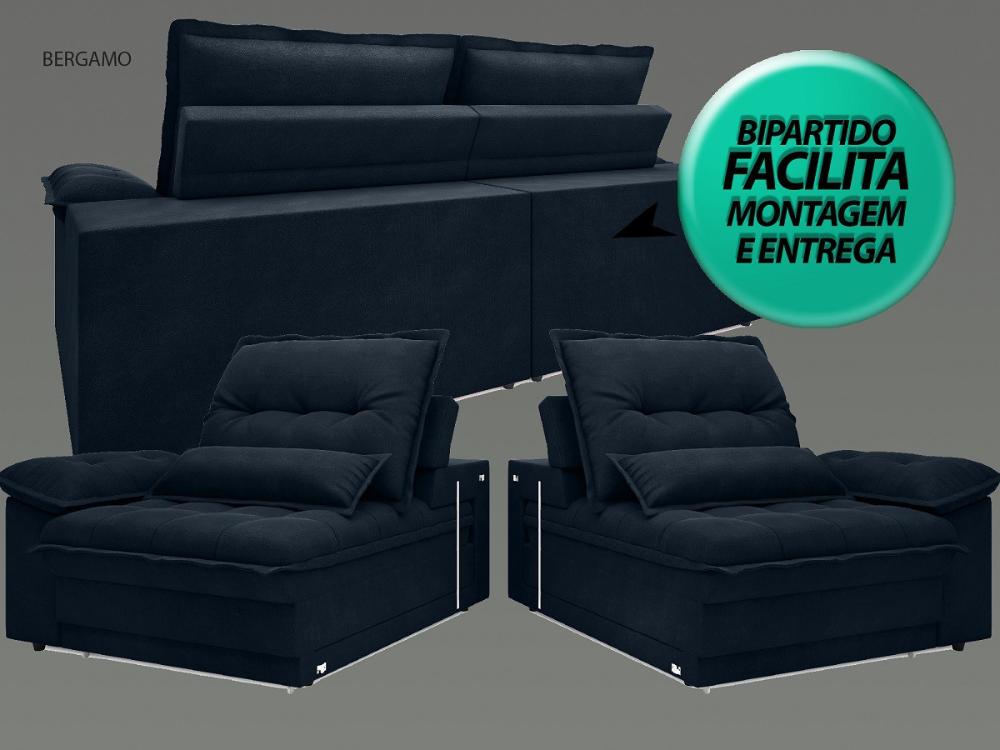 Sofá Bergamo 2,90m Assento Retrátil e Reclinável Velosuede Petróleo - NETSOFAS
