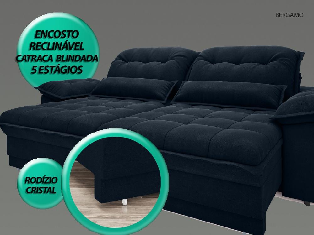 Sofá Bergamo 2,90m Assento Retrátil e Reclinável Velosuede Petróleo - NETSOFAS