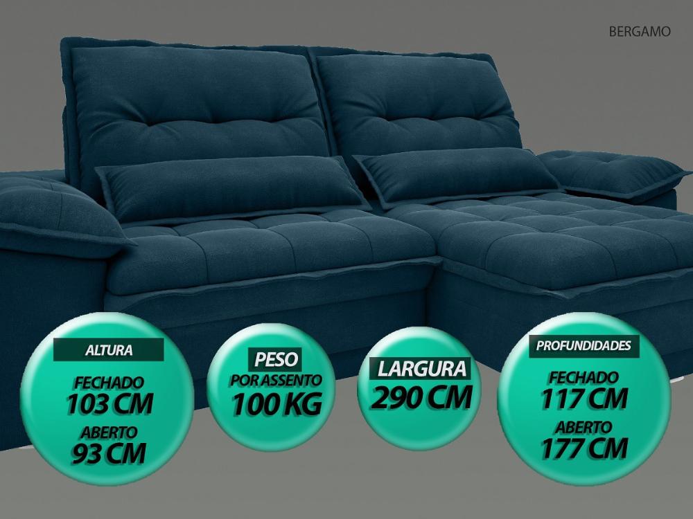 Sofá Bergamo 2,90m Assento Retrátil e Reclinável Velosuede Royal - NETSOFAS