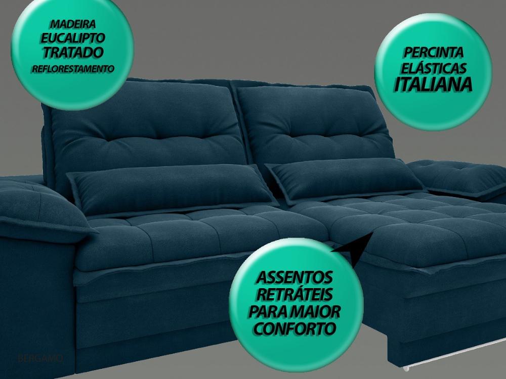 Sofá Bergamo 2,90m Assento Retrátil e Reclinável Velosuede Royal - NETSOFAS