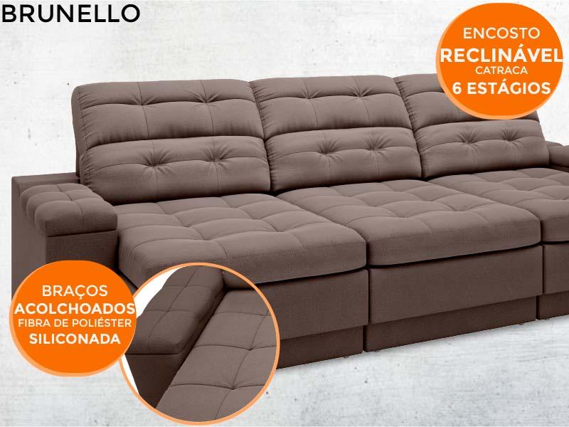 Sofá Brunello 2,30m Retrátil e Reclinável Velosuede Chocolate - NETSOFAS