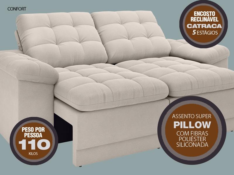 Sofá Confort  1,80m Assento Retrátil e Reclinável Velosuede Areia - NETSOFAS