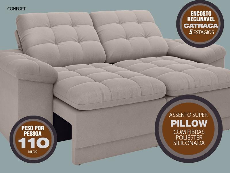 Sofá Confort  1,80m Assento Retrátil e Reclinável Velosuede Bege - NETSOFAS