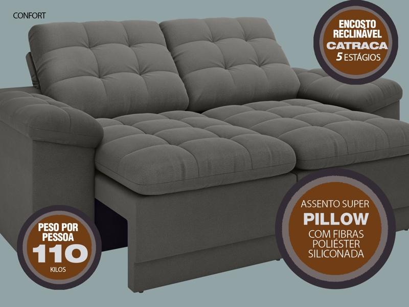 Sofá Confort  1,80m Assento Retrátil e Reclinável Velosuede Cinza - NETSOFAS