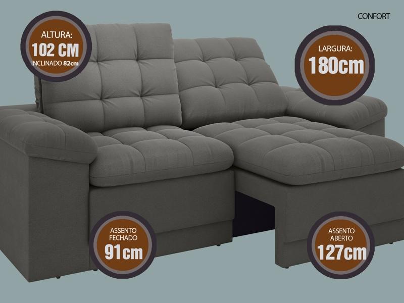 Sofá Confort  1,80m Assento Retrátil e Reclinável Velosuede Cinza - NETSOFAS