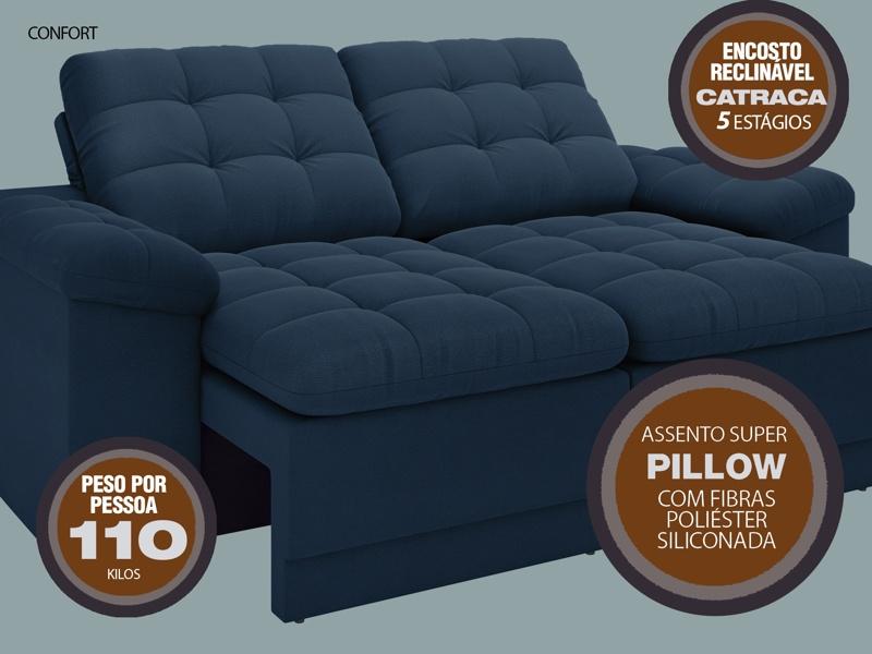 Sofá Confort  1,80m Assento Retrátil e Reclinável Velosuede Petróleo - NETSOFAS