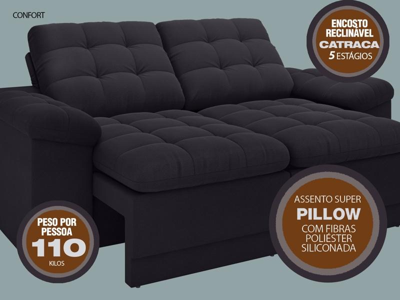 Sofá Confort  1,80m Assento Retrátil e Reclinável Velosuede Preto - NETSOFAS
