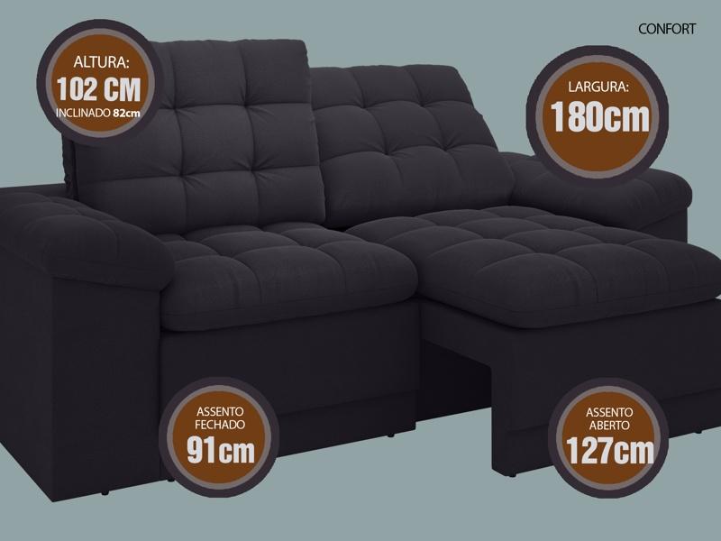 Sofá Confort  1,80m Assento Retrátil e Reclinável Velosuede Preto - NETSOFAS