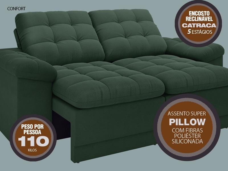 Sofá Confort  1,80m Assento Retrátil e Reclinável Velosuede Verde - NETSOFAS