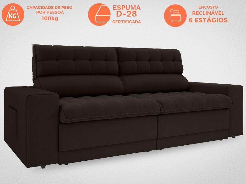 Sofá Daytona 2,00m Assento Retrátil e Reclinável Velosuede Chocolate - NETSOFAS