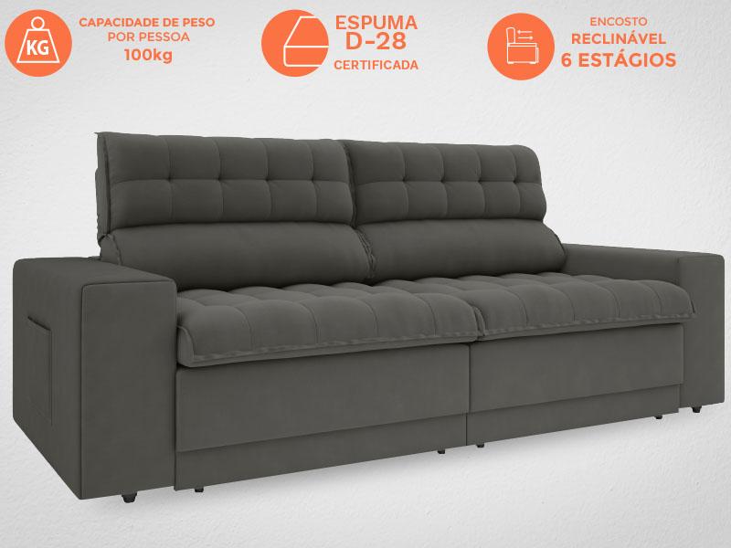 Sofá Daytona 2,00m Assento Retrátil e Reclinável Velosuede Cinza - NETSOFAS