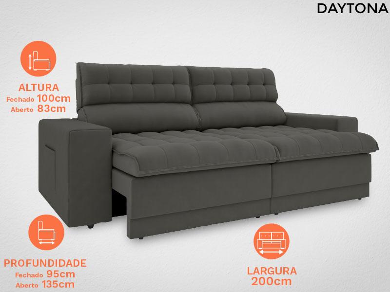 Sofá Daytona 2,00m Assento Retrátil e Reclinável Velosuede Cinza - NETSOFAS
