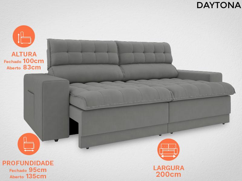 Sofá Daytona 2,00m Assento Retrátil e Reclinável Velosuede Grafite - NETSOFAS