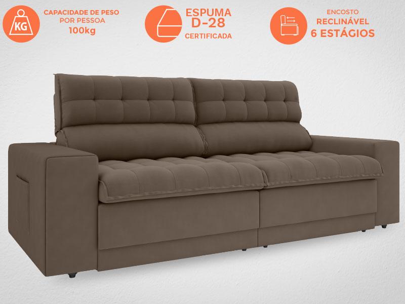 Sofá Daytona 2,00m Assento Retrátil e Reclinável Velosuede Marrom - NETSOFAS