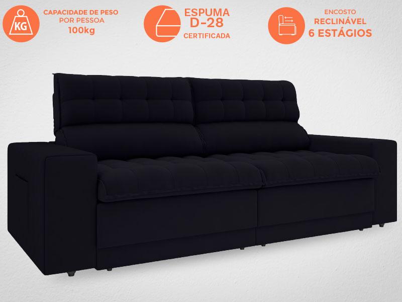 Sofá Daytona 2,00m Assento Retrátil e Reclinável Velosuede Preto - NETSOFAS