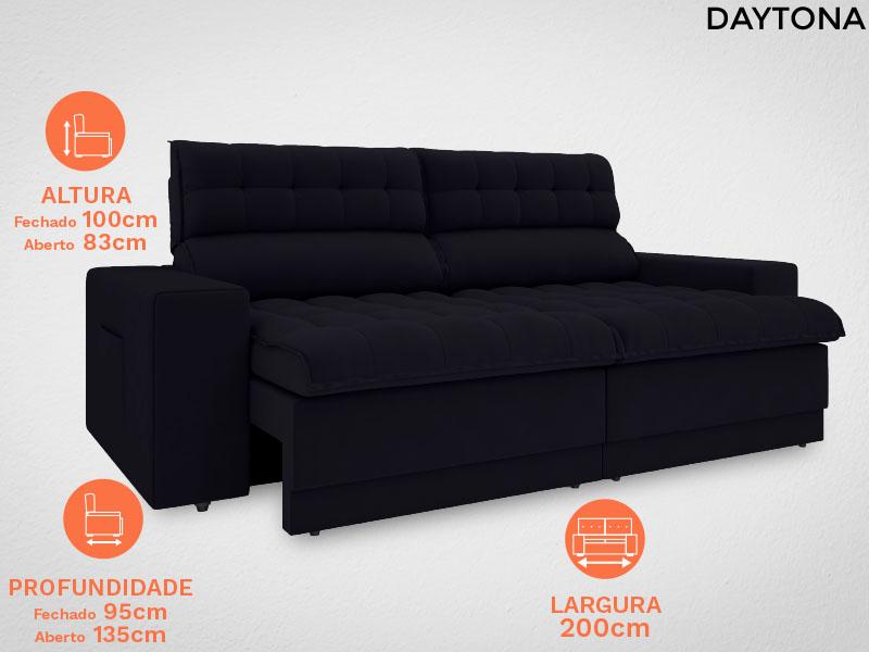 Sofá Daytona 2,00m Assento Retrátil e Reclinável Velosuede Preto - NETSOFAS