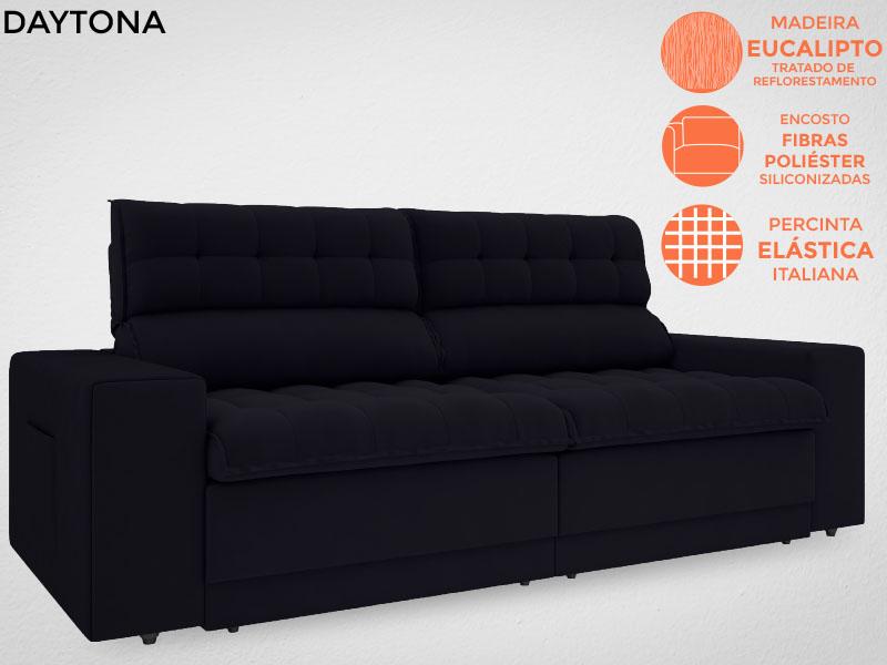 Sofá Daytona 2,00m Assento Retrátil e Reclinável Velosuede Preto - NETSOFAS