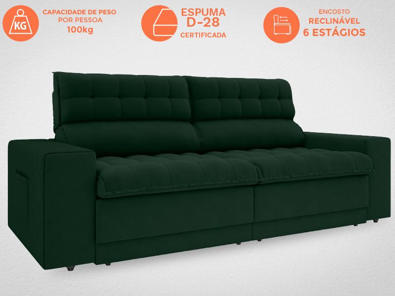 Sofá Daytona 2,00m Assento Retrátil e Reclinável Velosuede Verde - NETSOFAS