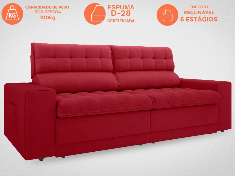 Sofá Daytona 2,00m Assento Retrátil e Reclinável Velosuede Vermelho - NETSOFAS