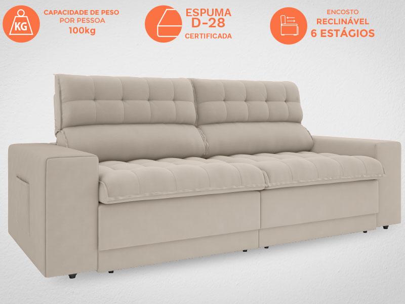 Sofá Daytona 2,30m Assento Retrátil e Reclinável Velosuede Areia - NETSOFAS